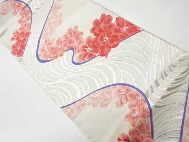 JAPANESE KIMONO / VINTAGE FUKURO OBI / WOVEN WAVY STRIPE & FLOWERS